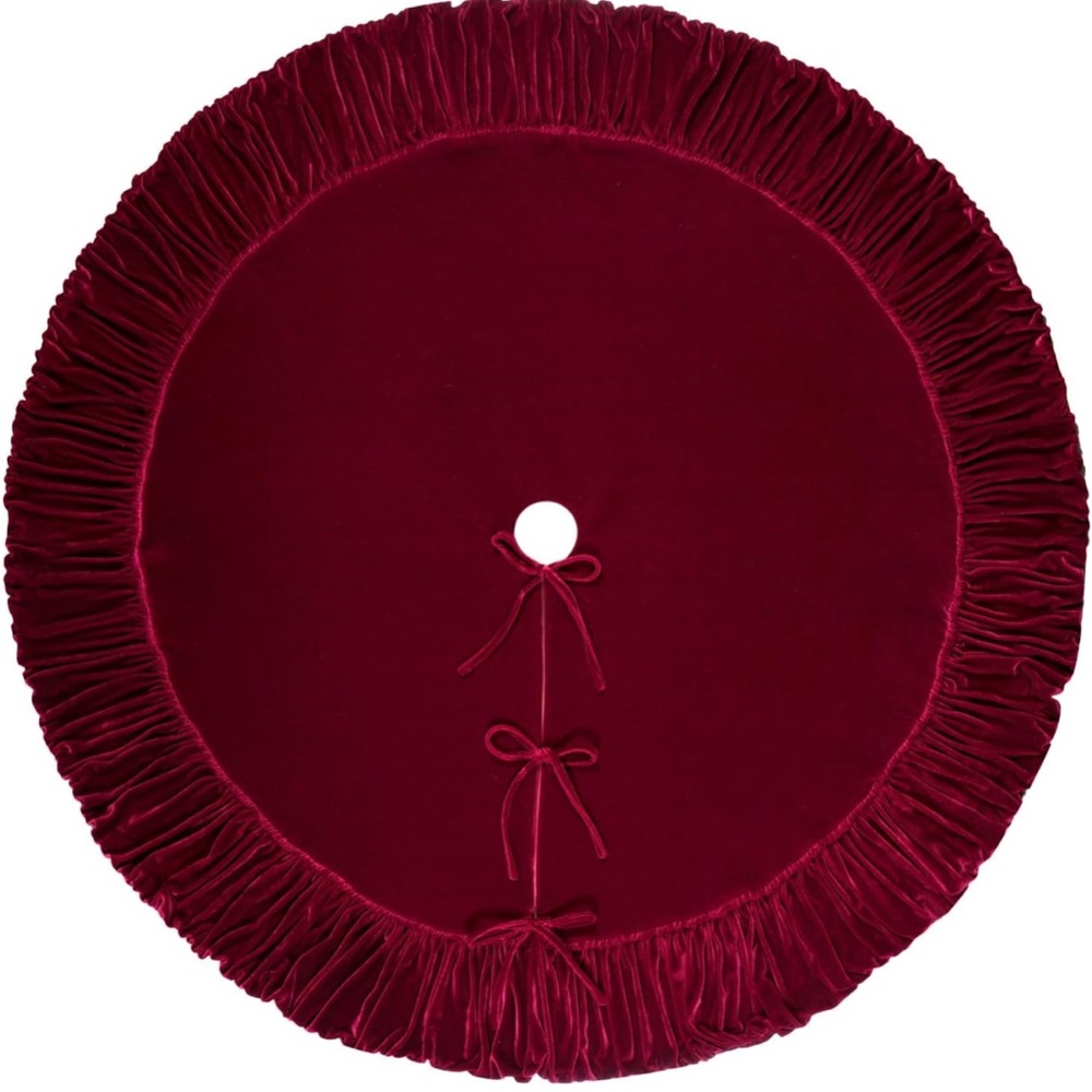 60-Inch Ruffled Velvet Christmas Tree Skirt Foam Padding Tie Closure Burgundy - Picture 3 of 9